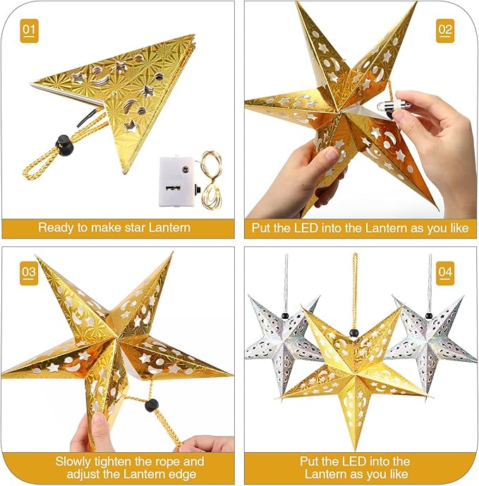 Zhanmai 10 Pcs Large 3D Paper Star Lantern with 10 LED Lights 11.8 Inch 5 Point Hollow Hanging Paper Star Lampshade Decoration Light Lanterns for Wedding Birthday New Year Party Home Decor