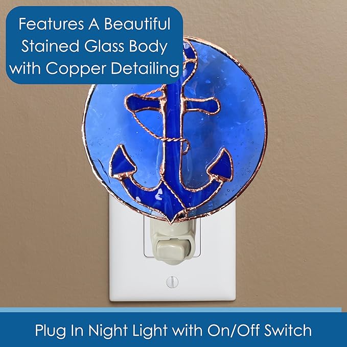 Gift Essentials Blue Anchor Plug in Night Light - Stained Glass Nightlight with On/Off Rocker Switch - Includes One 4 Watt Replaceable Incandescent Warm Glow Bulb