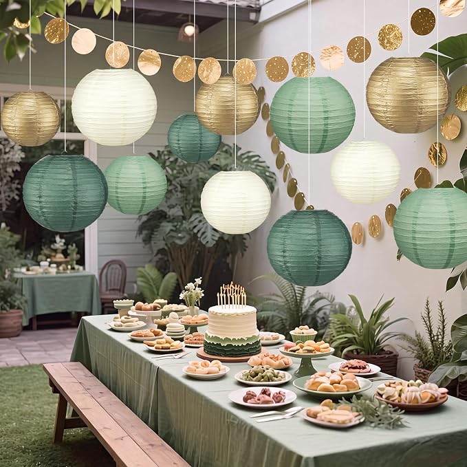 12 Pcs 10" Golg Greem Boho Paper Lanterns Party Classroom Decor
