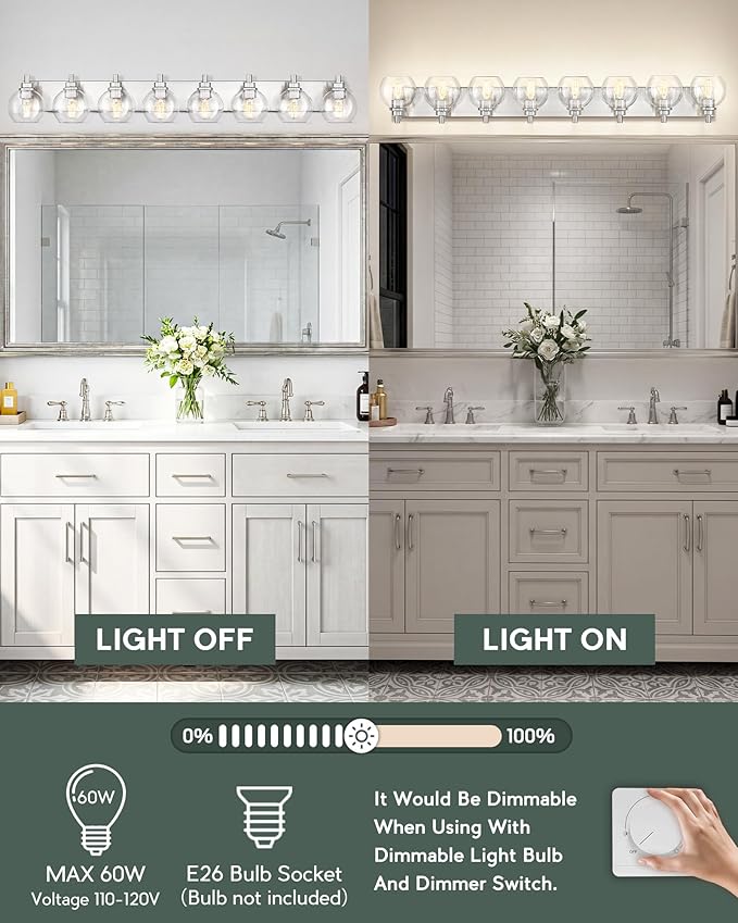 Bathroom Light Fixtures, 8 Light Brushed Nickel Vanity Light, 52 Inch Modern Wall Sconces with Globe Clear Glass Shade, Vanity Lighting Fixtures Over Mirror, VL195-BN-8