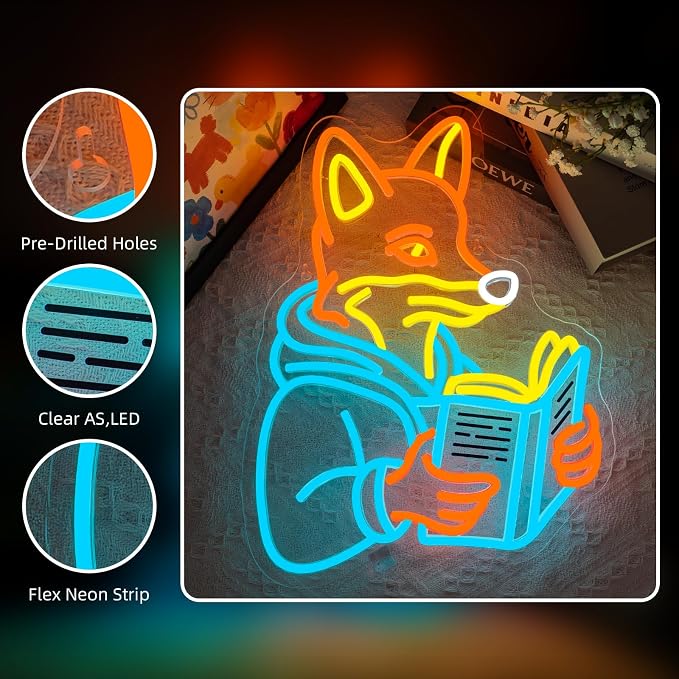 Fox Reading Book Neon Sign Animal Books Neon Wall Decor Colorful Neon Lights for Library Bookshelves Classrooms Bedrooms Wall Art Decoration Classroom LED Light Sign Art Gifts for Book Lovers