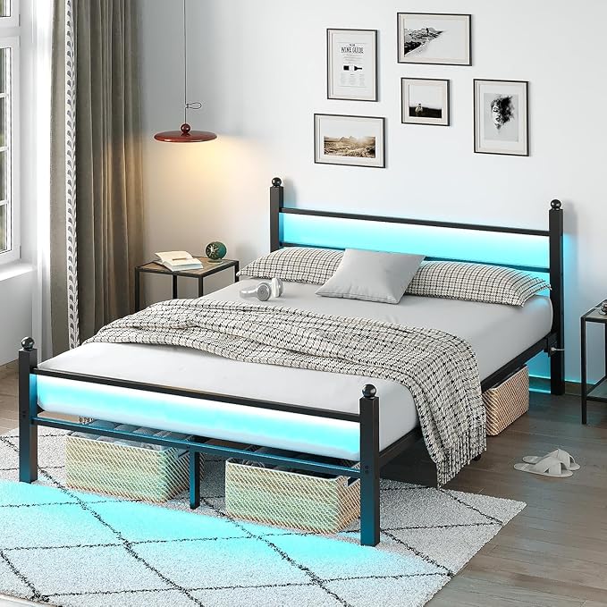 CollaredEagle Queen Bed Frame with LED Lights and Charging Station, Black | Queen Size/ Metal Frame/ Built-in Charging Station/ RGB LED Lights/ Noise-Free/ 10.8 inch Under-Bed Storage