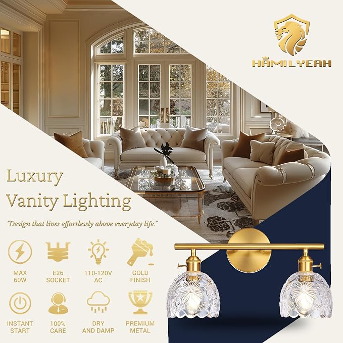 Hamilyeah 2-Light Bathroom Vanity Light Over Mirror, Brushed Gold Wall Sconce with Clear Floral Glass Shades, Modern Bathroom Light Fixture for Bedroom, Hallway, Kitchen