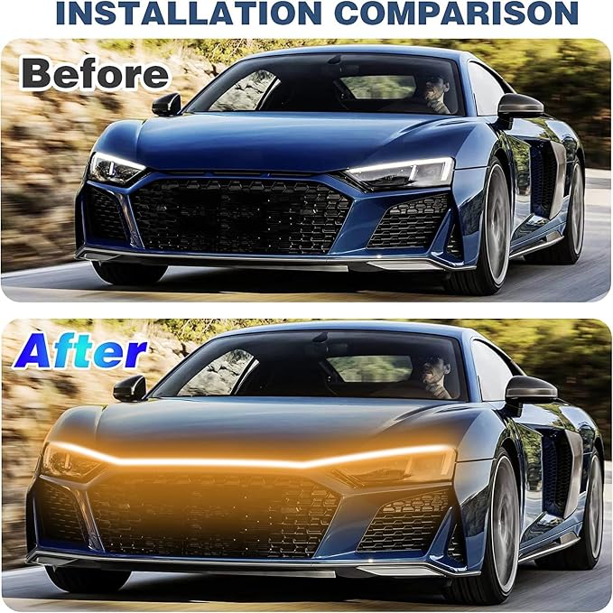 Car LED Hood Light Strip for Cars, SUVs, Trucks, Yellow, 70 Inch | 12V, Universal, Flexible Waterproof Daytime Running Light, Dynamic Scan Start-up Effect, Super Bright Bonnet Lights