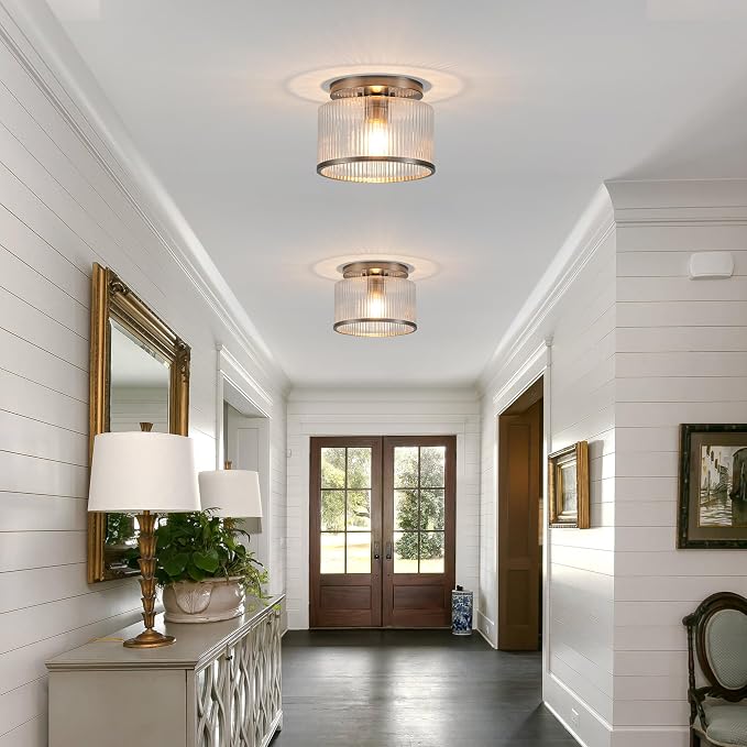 Zlepmlla Glass Ceiling Light, Clear Ribbed Glass Ceiling Light Fixture with Nickel Metal Frame, Modern Semi Flush Mount Ceiling Light for Hallway,Entryway, Bedroom, Bathroom, Kitchen