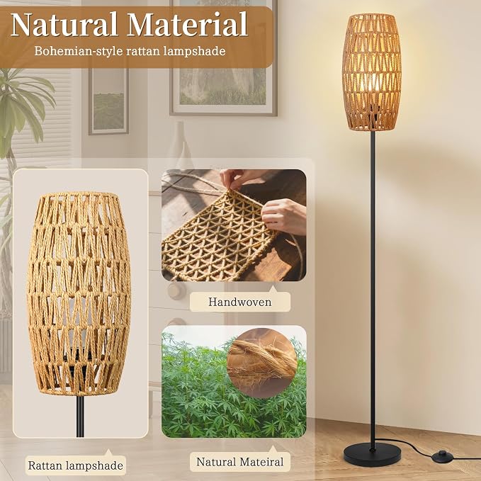 Ruiever Floor Lamp for Living Room,Farmhouse Floor lamp,Modern Standing lamp with Hand-Worked Rattan Shade (Drum Shade-with Remote)
