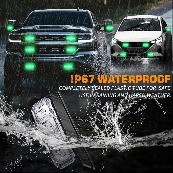 8PCS Sync Grill Strobe Lights 32 LED Green Emergency Lights | Grille Surface Mount Warning Safety Hazard Caution Light for Tow Plow Trucks Construction Vehicles, Car, ATV, UTV, Motorcycle