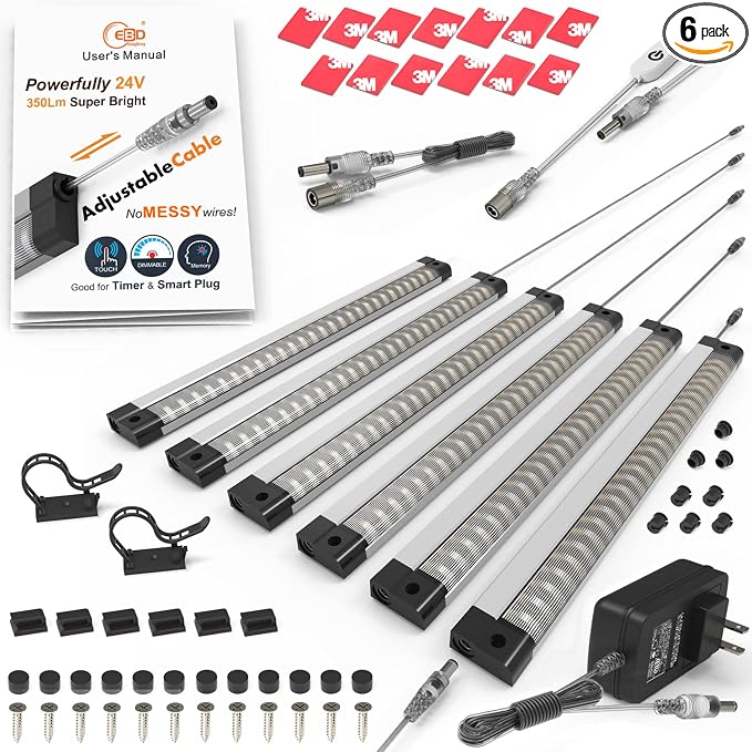 EBD Under Cabinet Lighting Plug in 6 Pcs 12 Inch, Dimmable No Messy Wires Built-in Adjustable Cable LED Light Bar 6500K 2700LM for Kitchen Home Office, Memory for Smart Plug, 1 Pcs Extension Cables