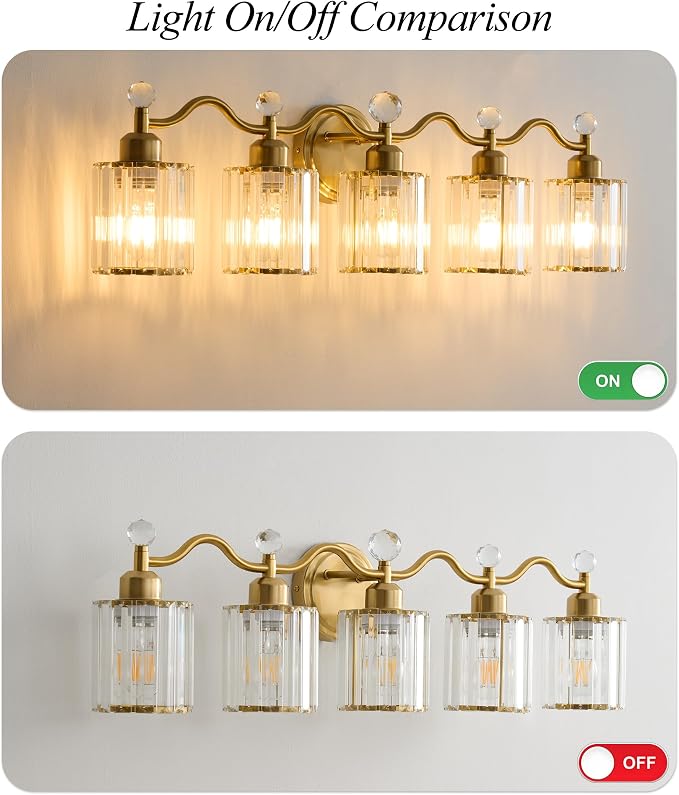5-Light Gold Bathroom Light Fixtures,Modern Bathroom Vanity Lights Fixture with Clear Crystal Glass Shade, Modern Crystal 5 Lights Wall Sconce for Mirror Bedroom Living Room