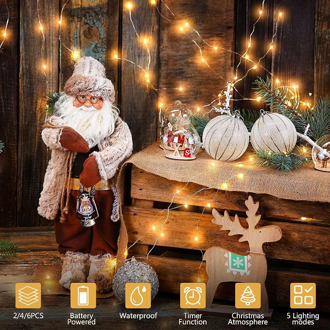 2 Pack Timer Fairy Lights Battery Operated Twinkle Lights with 5 Modes | 16.4Ft 50 LED Silver Copper Wire Battery Wreath Lights for Home Christmas Wedding Indoor Outdoor Decor, Warm White