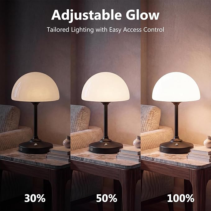 Table Lamp Cordless Lamp,5000mAh Rechargeble Battery Operated Lamp | Small Bedside Desk Lamp 11.02" with Glass Shade 3-Way Dimmable Portable LED Table Light,for Outdoor,Dinner,Patio(Black)