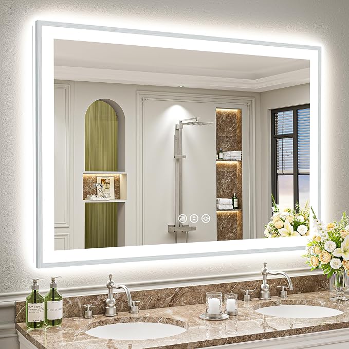 50x40 Inch Brushed Nickel LED Bathroom Mirror, Backlit & Front Lit | Silver Framed Anti-Fog Lighted Vanity Mirror with Lights, 3 Color Dimmable, Memory, HD Tempered Glass, CRI95, IP54, UL Listed