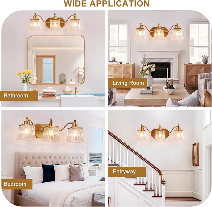 Vintage Bathroom Light Fixtures, 3-Light Gold Vanity Light with Ribbed Crystal Glass Shade, 21.4" Brushed Gold Vanity Lights for Bathroom Bedroom Living Room Hallway, E26 Base