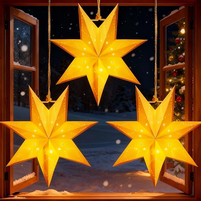 Large Paper Star Lanterns with Lights 3D 7 Pointed Christmas Paper Lanterns 3Pcs Foldable Decorative Christmas Hanging Decorations for Xmas Birthday Holiday Wedding Home Decor New Year Party