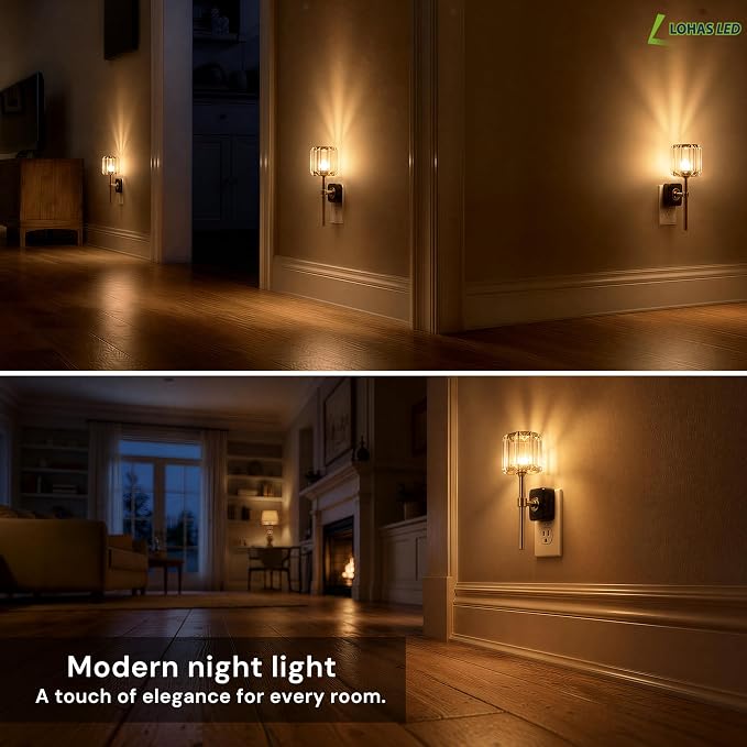 L LOHAS LED Night Lights Plug into Wall,Crystal Acrylic Cylinder Nightlight | 2 Pack Dusk to Dawn Sensor Night Light with 180° Rotating, Round Platform ,0-100LM Dimmable, for Bedroom Living Room Hallway