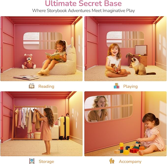 Low Loft Bed Twin Size with Desk, 6 Storage Drawers & Bookshelf, Kids Loft Bed with LED Lights & Under-Bed Play Space, Heavy Duty Metal Bed Frame with 13.8"H Safety Guardrail & Ladder, Pink