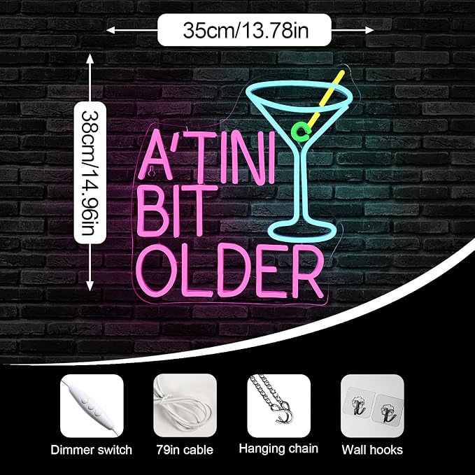 A’TINI BIT OLDER Neon Sign Dimmable Martini LED Light Wall Decor, A’TINI Light Up Sign for Pub, Man Cave, Home Bar, Funny Birthday Gift for Martini Lovers