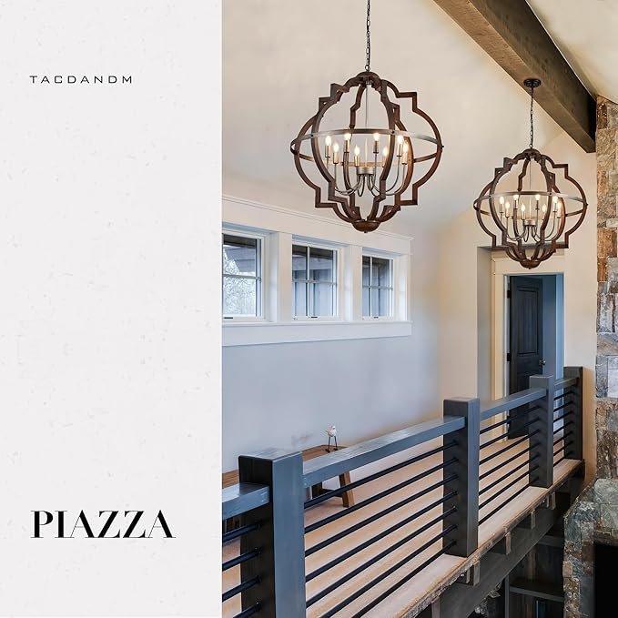 31.5'' 8-Light Farmhouse Chandelier for Dining Room Vintage Rustic Oak Brown Wood Pendant Light Fixtures Globe Hanging Ceiling Lighting for Hallway Entry