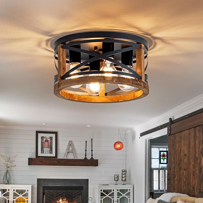 Farmhouse Light Fixtures, 4-Light Round Flush Mount Ceiling Light with Wood and Metal Frame, Black Rustic Ceiling Light for Hallway, Entryway, Bedroom, Kitchen