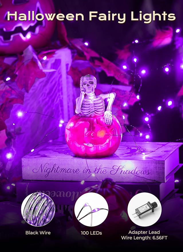 Halloween Fairy Lights Plug in, 33Ft 100LEDs Purple Fairy Lights, Waterproof Flexible Black Wire String Lights for Bedroom Home Party Ghost Haunted House Indoor Outdoor Halloween Decorations, Purple