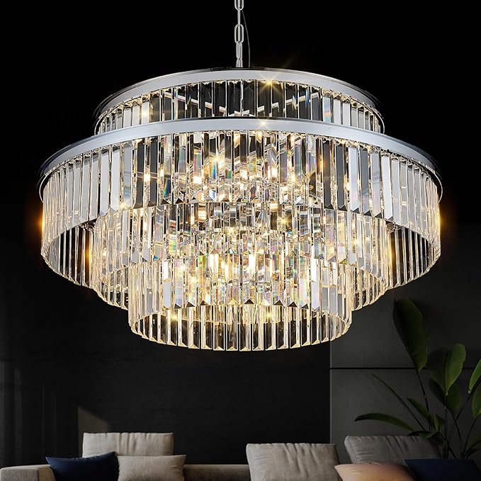 31" Modern Chrome Crystal Chandeliers 20 Lights Luxury 4-Tier K9 Crystal Light Fixture Large Round Ceiling Pendant Light for Foyer Staircase Living Room Dining Room