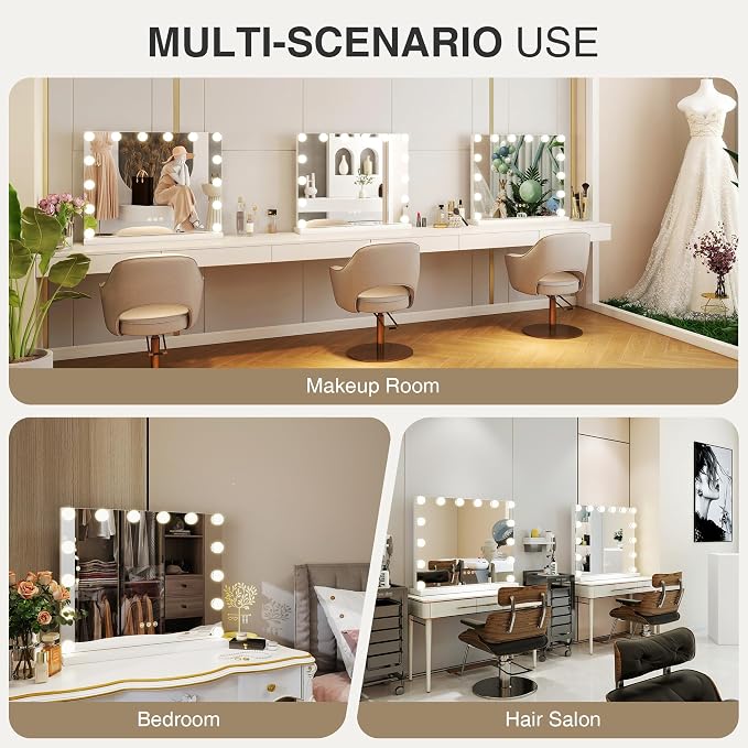 Vanity Makeup Mirror with Lights,Hollywood Vanity Mirror with 3 Color Modes,Lighted Vanity Mirror with Dimmable LED Bulbs &10X Magnification for Desk,Bedroom,Tabletop (White, 20.5" x 15.7")