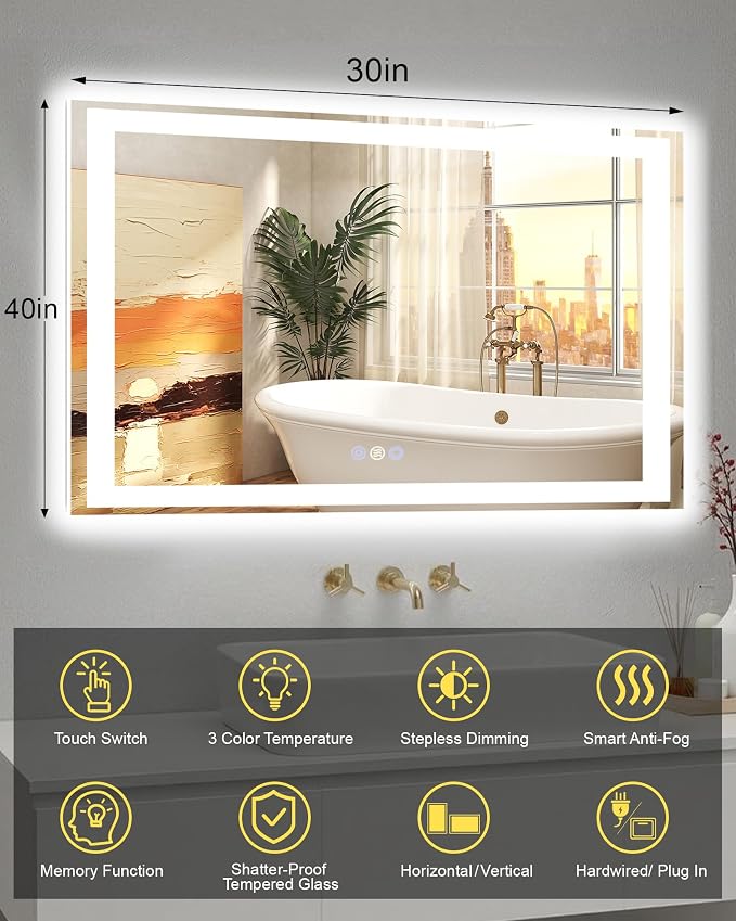 40x30 LED Bathroom Mirror, 6000LM, Separate Front and Back Lights | UL Certified,Shatter-Resistant Tempered Glass,Auto-Off Defogger,3 Color Modes,Smooth Dimming,Smart Memory Setting