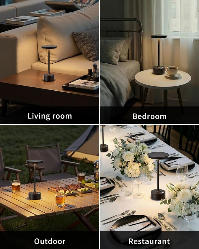 PUSU Rechargeable Table Lamps Set of 2, Black Cordless Portable Desk Lamp | 4000mAh Battery, Stepless Dimming & 3 Color 2700K-6000K, LED Lamp for Bedroom, Living Room, Restaurant, Outdoor, Night Light