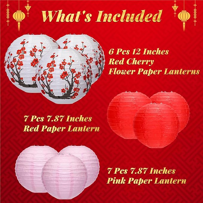 Mudder 20 Pieces Chinese Japanese Paper Lanterns Includes Cherry Flowers Paper Lanterns for Hibachi Birthday Party Asia Home Restaurant Wedding Decor(Red White and Pink,Modern Style)