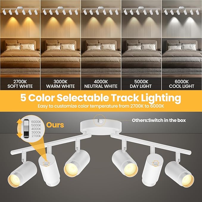 5-Color Zoomable 6 Light Track Lighting Fixtures Ceiling for Kitchen, Dimmable LED Track Lighting Kit, Ceiling Spotlight Flush Mount Adjustable Directional Spot Lights Indoor, CRI90 45W, White