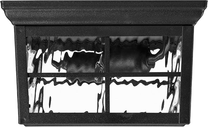 Maxxima Outdoor Flush Mount Ceiling Light Fixture, Black with Water Glass | Square Farmhouse Porch or Patio Light, Close to Ceiling Entryway, Bulbs Not Included, 2-Light, E26