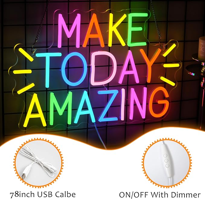 LISIGNVE Make Today Amazing Neon Sign Positive and Upward Quote Neon Light Sign for Wall Decor Rainbow Color Led Light Up Sign for Home Cafe Party Wedding Birthday School