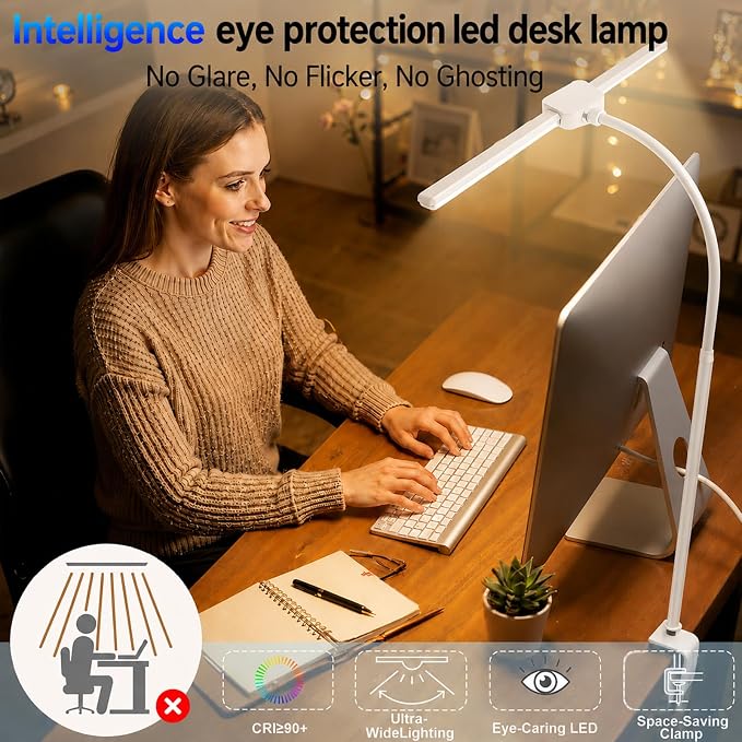 Desk Lamps for Home Office, Computer Light Bar, Double Head, White | Eye-Care Architect Light with Clamp, 3 Color Modes 10 Brightness, Adjustable for Reading, Study, Workbench