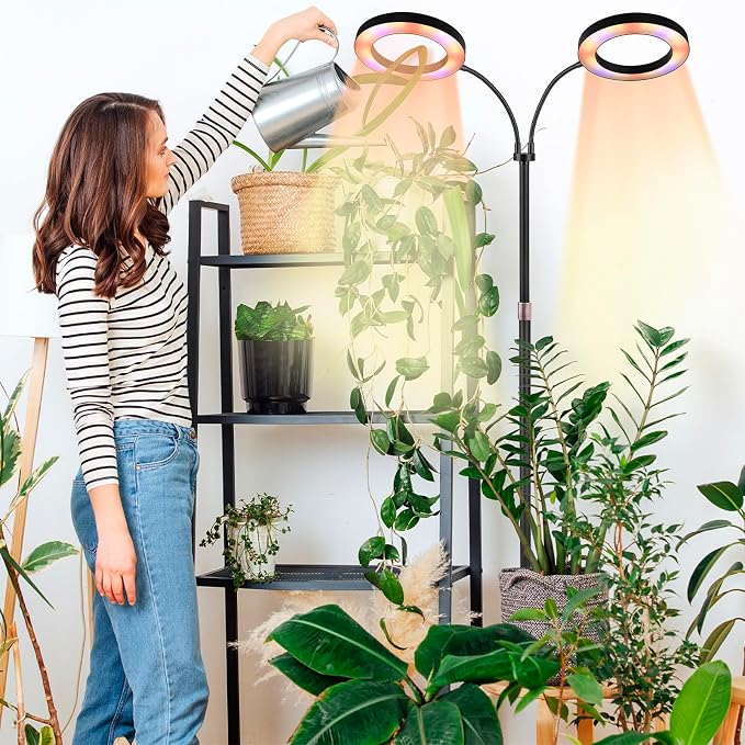 Grow Lights for Indoor Plants, 2-Head Plant Lamp & Height Adjustable, Black | Full Spectrum Floor Stand Plant Light for Large Tall Plants, 3/9/12H Timer, 10 Dimming, Modern Ring Grow Lamp for Home Décor