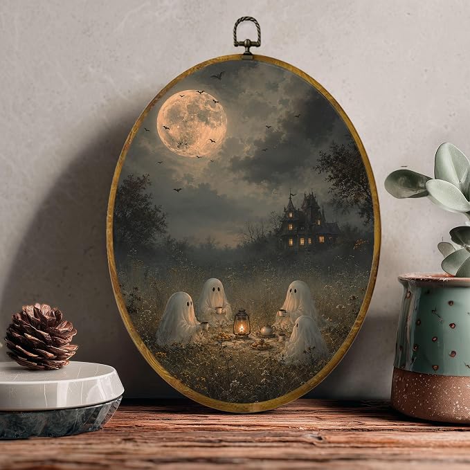 Ghost Tea Party Oval Wall Art, Framed Canvas Decor, 8.5x11.5 Inch | Ghost tea party under full moon, bats, lantern and haunted mansion Halloween decor