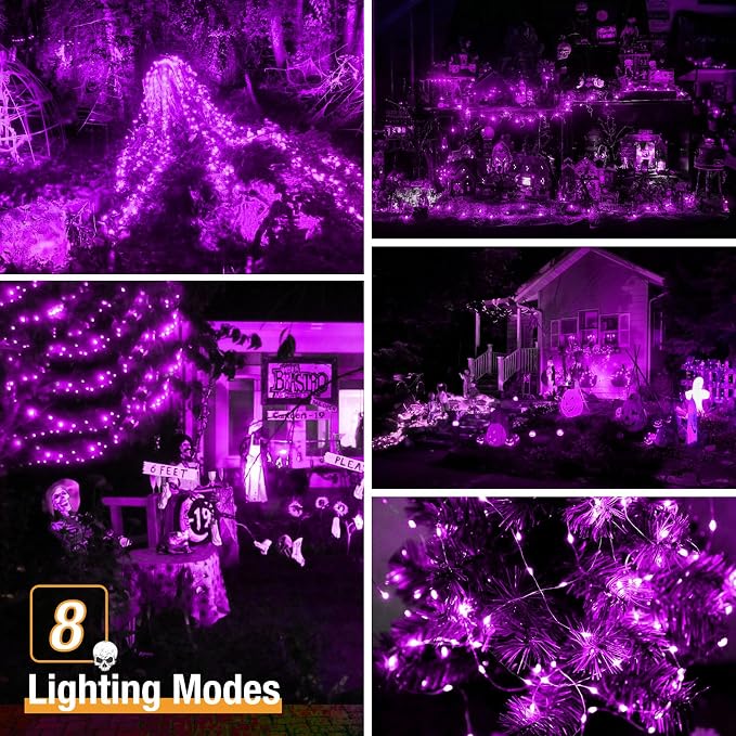 btfarm 2 Pack Solar Halloween String Lights Outdoor Purple | Total 160LED 66FT Solar Fairy Lights Outside Waterproof, 8 Modes Solar Powered Twinkle for Tree Garden Patio Spooky Decor
