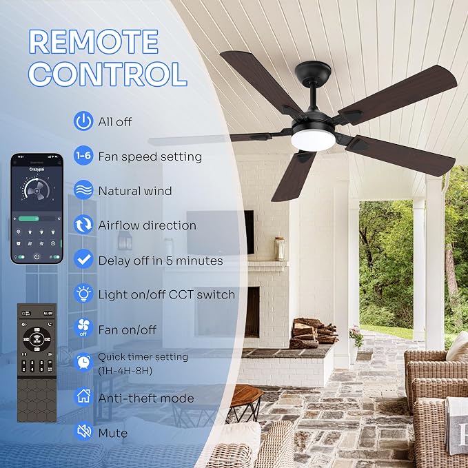 Ceiling Fans with Lights, 52 Inch Modern Ceiling Fans with Lights and Remote Control, DC Reversible Motor, Noiseless, 3CCT, Ceiling Fan for Bedroom, Living Room, Apartment Indoor/Outdoor Use