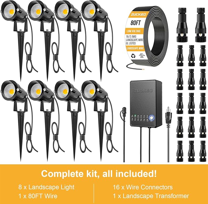 ZUCKEO All-in-One Landscape Lighting Kit, 5W LED Low Voltage Landscape Lights with Transformer and 80FT Wire, Waterproof Outdoor Spotlight with Connectors for Yard Garden House, 3000K 12-24V 8Pack