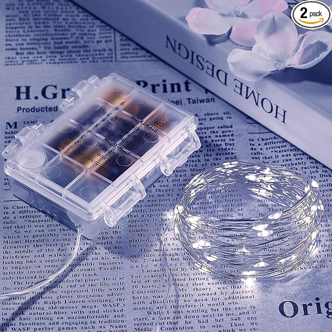 Ariceleo 2 Pack 65.6 Ft. Battery Operated Outdoor String Lights with Remote & Timer, LED Cool Whit Fairy Lights, Waterproof Twinkle Lights for Bedroom, Dorm, Mason Jar, Wedding, Party, Christmas