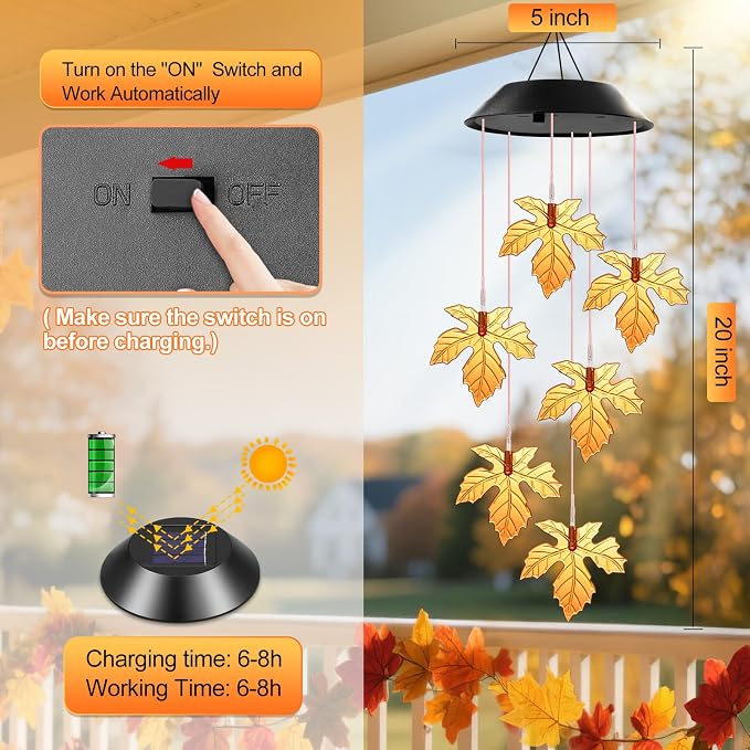Winzwon Fall Decor Thanksgiving Decorations Solar Lights Wind Chimes | Hanging Maple Leafed Halloween Autumn Decorations, Birthday Gifts for Women, Outside Garden Yard Patio Porch Decor