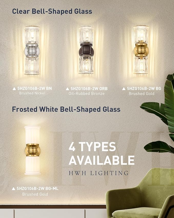 Gold Wall Sconces, HWH Single Wall Vanity Light Fixture for Bathroom Living Room Bedroom, Bathroom Wall Sconces with Bell-Shaped Clear Glass, Gold Finish, 5HZG106B-2W BG