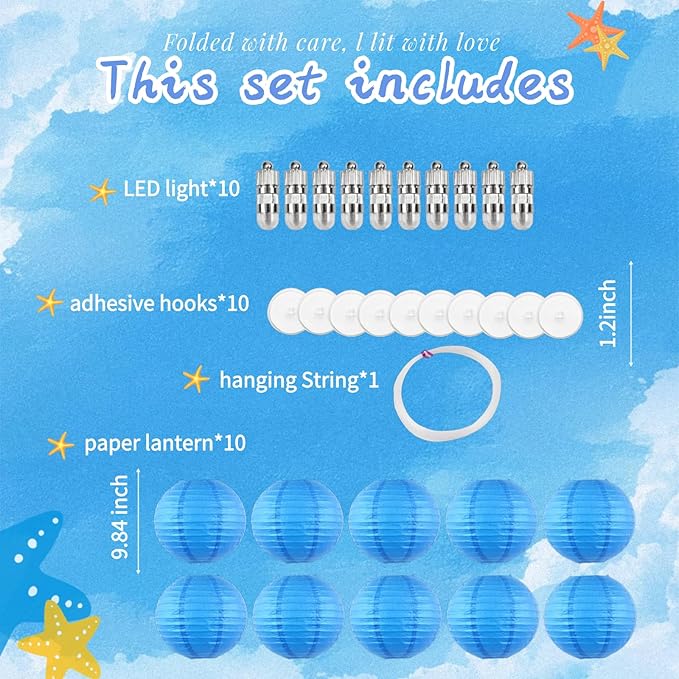 Chinese Paper Lanterns - Pack of 10, 10-Inch Blue Hanging Lights for Birthday Party Decorations, Ceiling Decor, Rainbow Classroom, Wedding, and Home Party