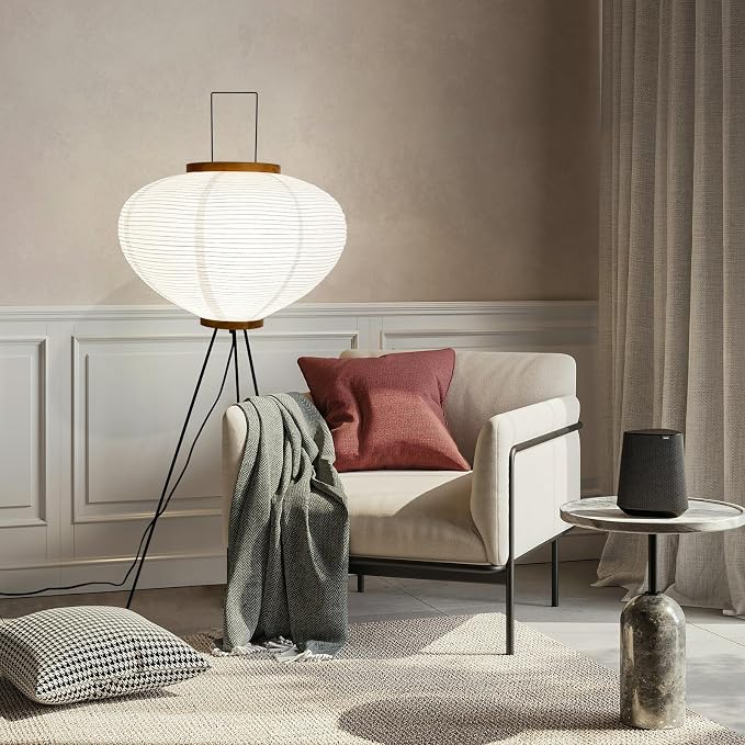 Rice Paper Floor Lamp, Japanese Paper Lantern for Wabi Sabi Decor | Noguchi Style Paper Lamp, Handcrafted Paper Lampshade, Metal Tripod Stand, E26 Base