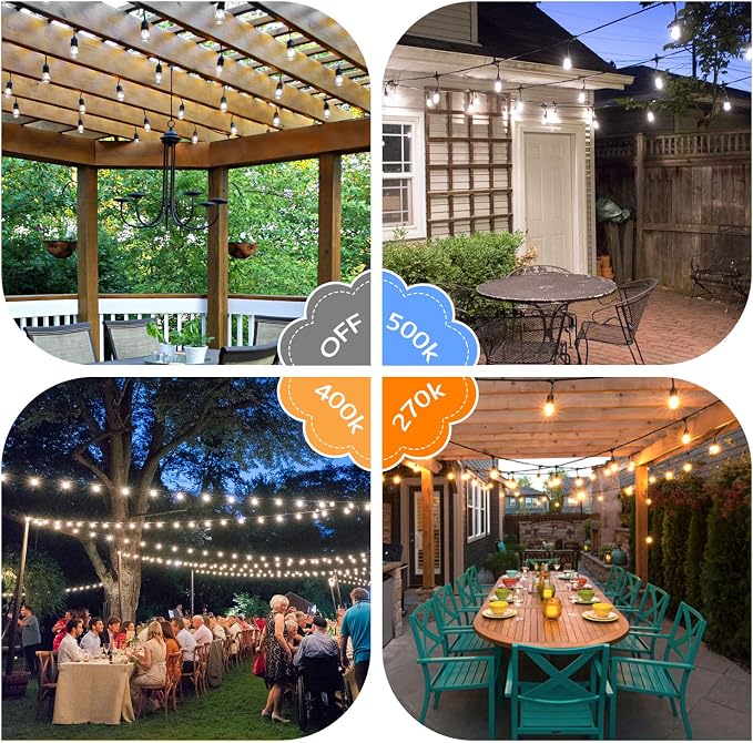 2-Pack 3 Color Dimmable LED Outdoor String Lights with Remotes | Warm White/Neutral White/Daylight, Waterproof, 96FT Hanging Lights with Shatterproof Edison Bulbs for Bistro Patio Backyard