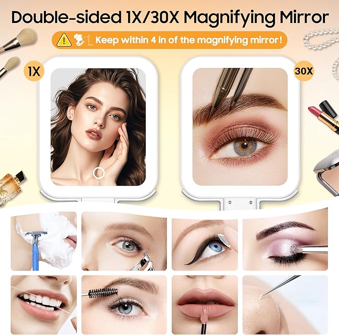 Magnifying Travel Makeup Mirror with Lights, Double-Sided 1X/30X Magnifying Mirror, 3 Color Lighting & Brightness Adjustable, Portable &Foldable Handheld Mirror with Lights(10" L x 5" W)