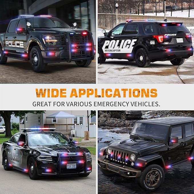 XRIDONSEN 8PCS Sync Grill Police Lights for Truck 32 LED Red Blue Emergency Strobe Lights Flashing Warning Hazard Caution Safety Surface Mount Grille Light for Law Enforcement Vehicles Pickup Car SUV