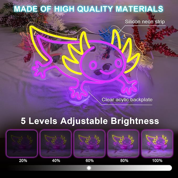 LUCUNSTAR Axolotl Neon Sign Anime Neon Signs for Wall Decor Man Cave Axolotl Decor for Men Neon Light for Wall Anime Kawaii Led Decor USB Powered Led Animal Signs for Home Wall Decor Boys Room