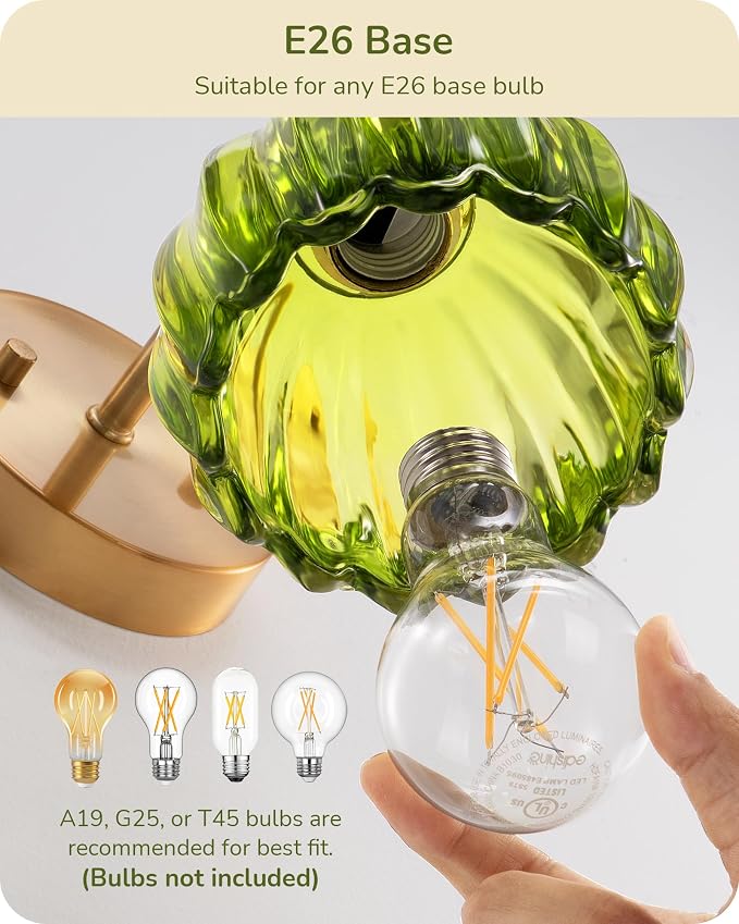 EDISHINE Vintage Brass Wall Sconces with Adjustable Green Tulip Glass Shade | Hardwired, 180° & 270° Adjustable, Rotary Switch, Vintage & Modern, E26, Ideal for Bathroom, Bedroom, Hallway
