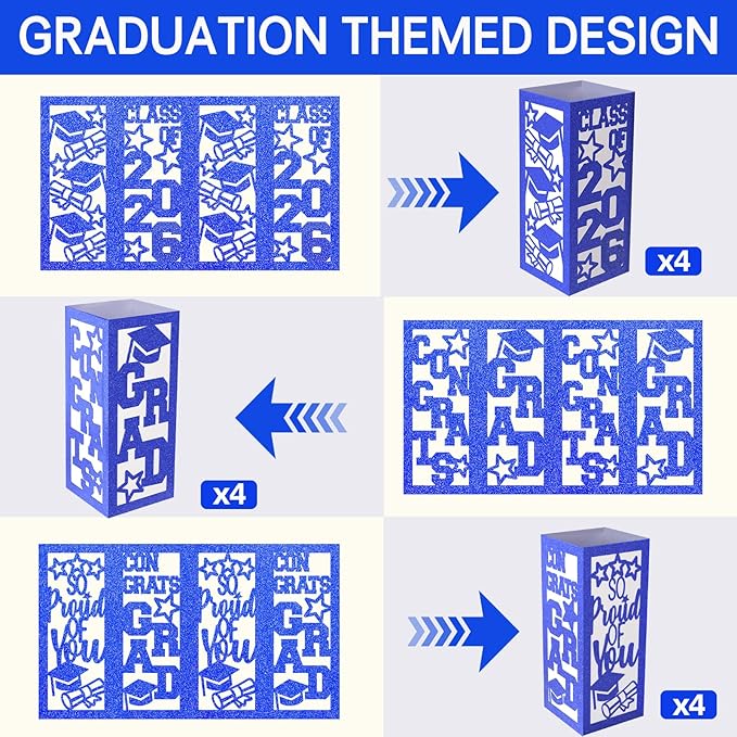12 Pcs Graduation Table Centerpieces Boxes Class of 2026, Blue Graduation Paper Lanterns Boxes with String Lights Hollow Out for Congrats Grad School College Table Decorations Grad Party Photo Props