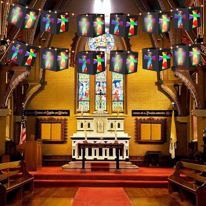 VIHOSE 24 Sets Easter Religious Cross Craft Christian DIY Hanging Lantern Tissue Paper Crafts Included Light String Make Your Own Paper Lantern Decorations for Church Sunday School VBS Activities